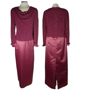 OBLIQUE Designer Luxury Satin and Sparkly Top Long Sleeve Cocktail Dress Size 16